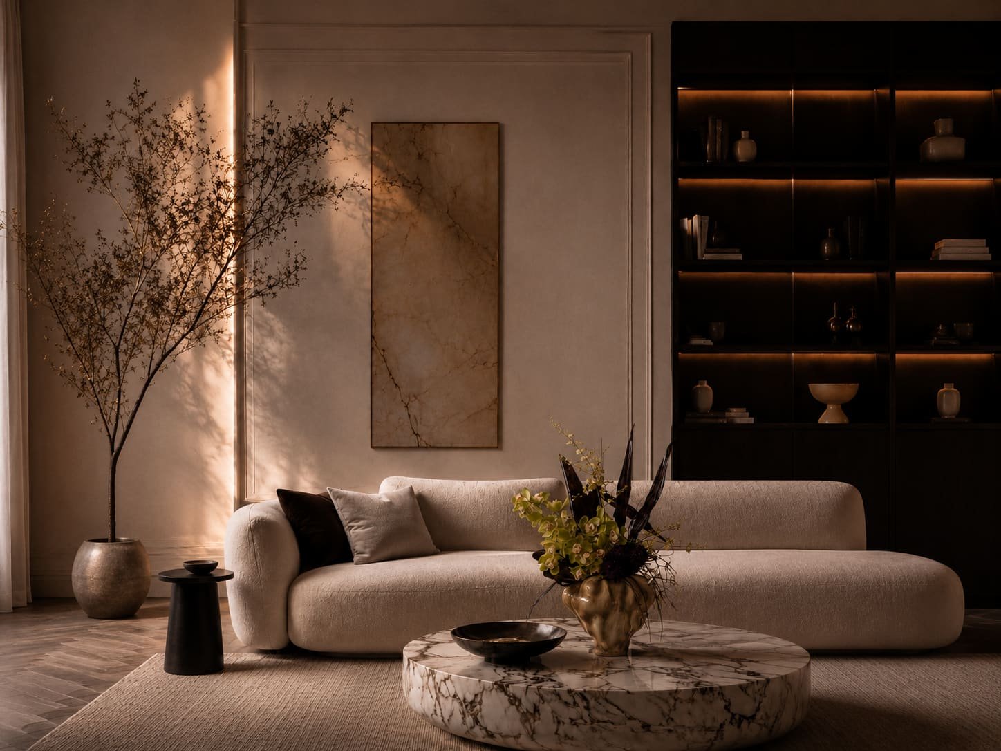 Lamp-lit living room with a curved boucle sofa, marble coffee table and softly lit dark shelving