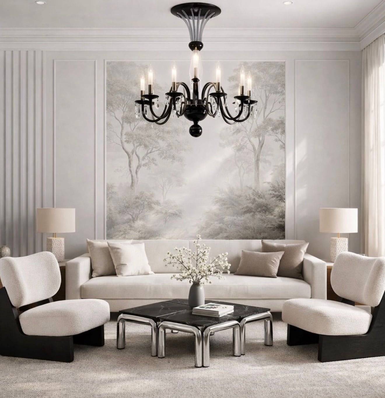 Living room with a pale sofa, black chandelier, boucle armchairs and a misty woodland mural