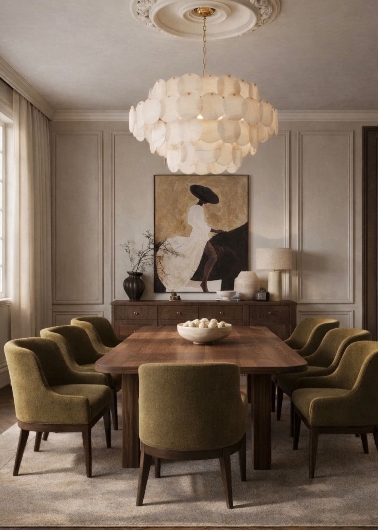 Dining room with a walnut table, olive upholstered chairs and a pale tiered chandelier