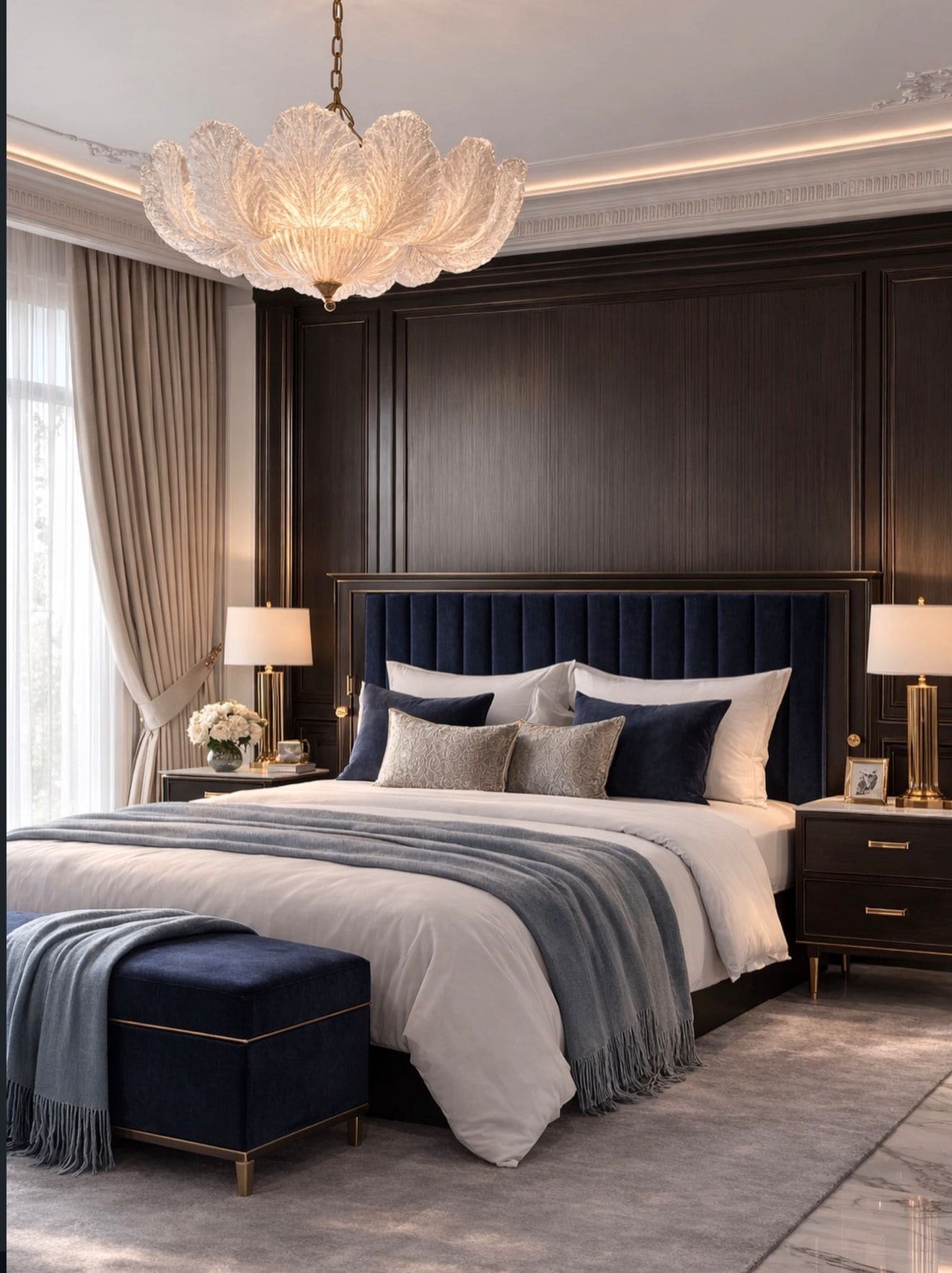 Bedroom with a navy velvet headboard, dark panelled wall and a glass petal chandelier