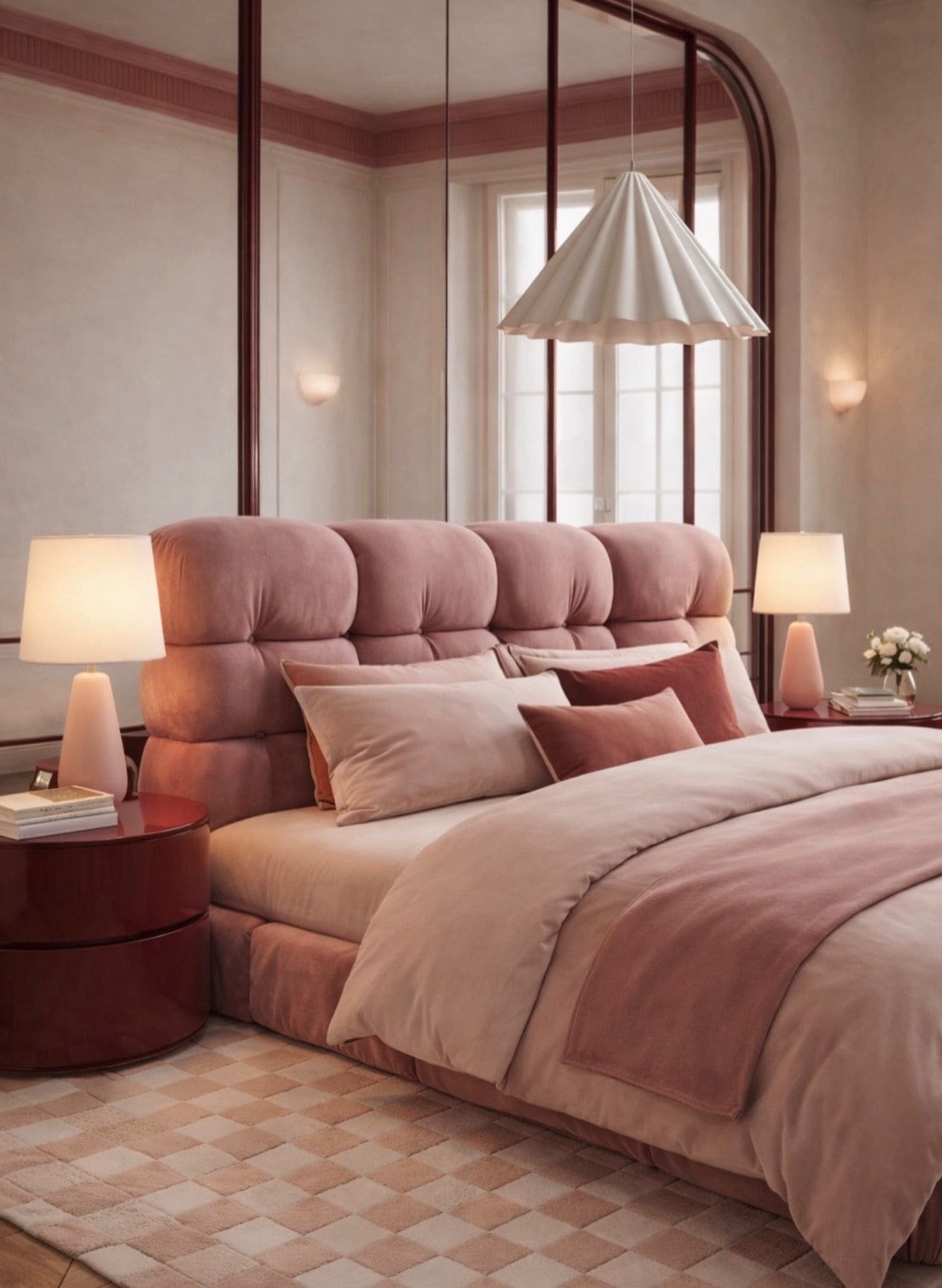 Bedroom in blush tones with a tufted velvet headboard, round lacquered bedside tables and a pleated pendant light
