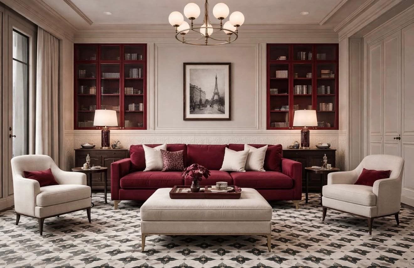 Sitting room with a burgundy sofa, red-framed bookcases and a patterned tile floor