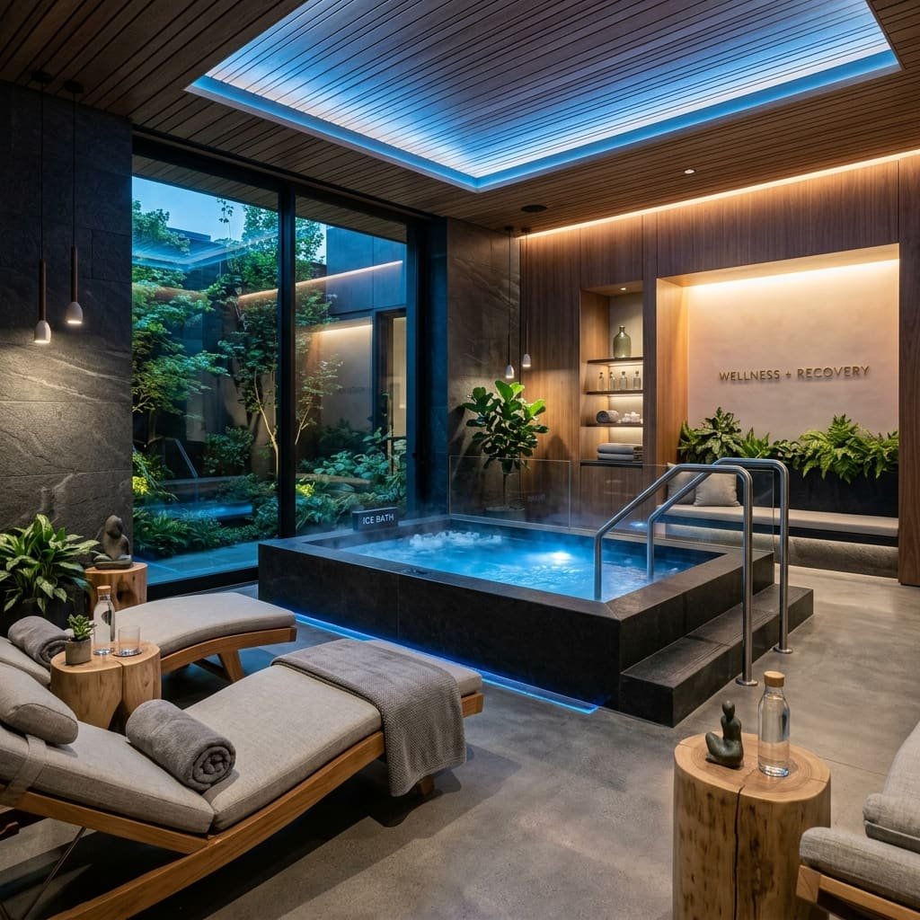 Recovery room with a cold plunge pool and loungers beneath a lit ceiling