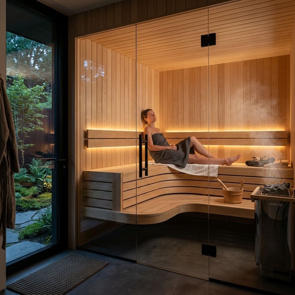 Glass-fronted timber sauna with warm lighting, opening onto a garden